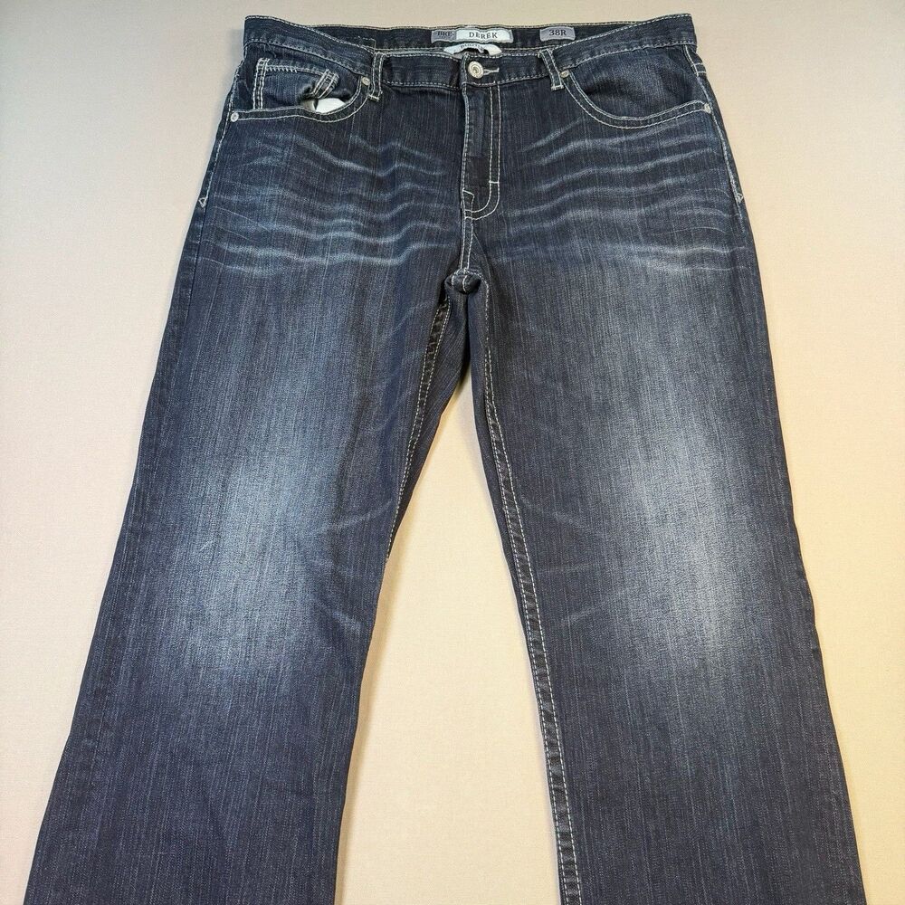 BKE Buckle Derek Bootleg Jeans Distress Men's 38R 38x30 Thick Stitch Denim